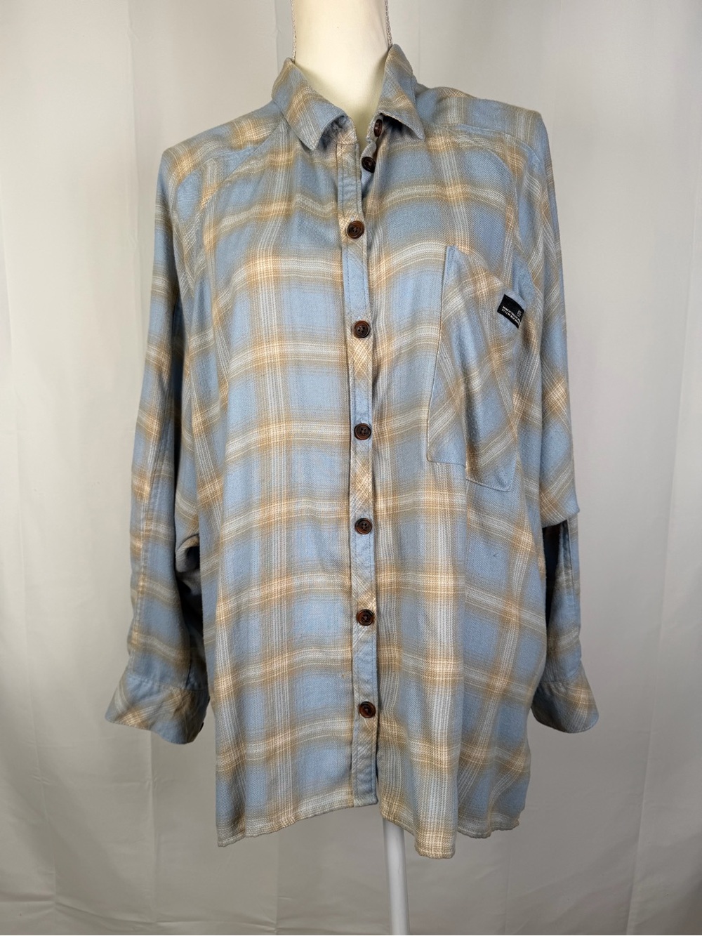 BDG Light Blue and Tan Plaid Button-Down Shirt
